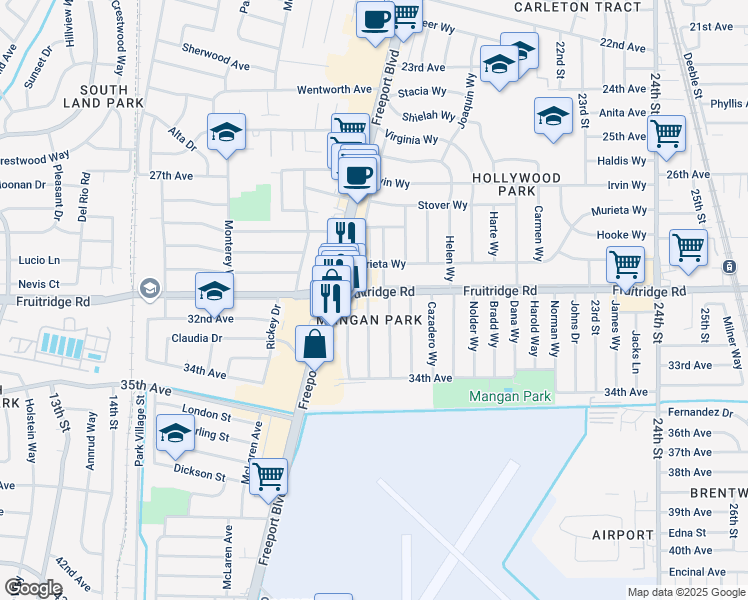 map of restaurants, bars, coffee shops, grocery stores, and more near 5601 La Campana Way in Sacramento