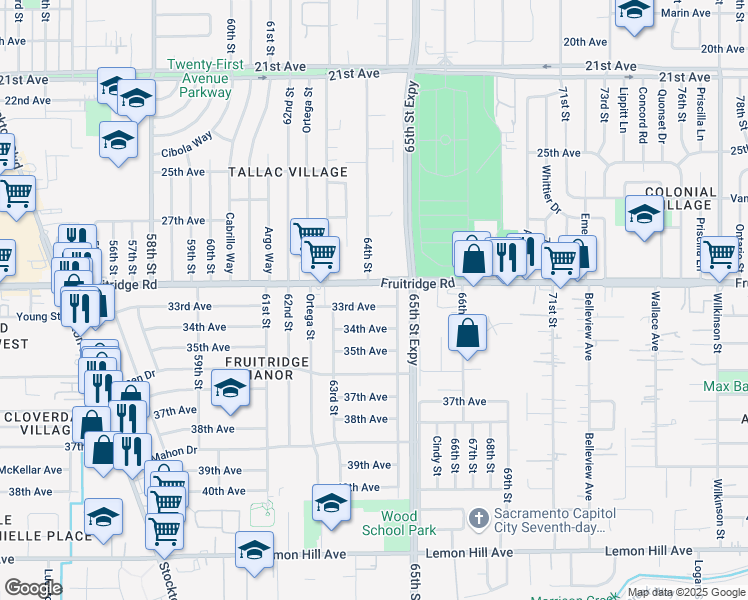 map of restaurants, bars, coffee shops, grocery stores, and more near 6341 33rd Avenue in Sacramento