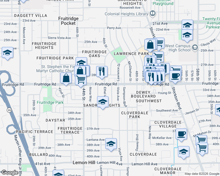 map of restaurants, bars, coffee shops, grocery stores, and more near 5605 Ethel Way in Sacramento
