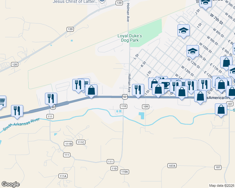 map of restaurants, bars, coffee shops, grocery stores, and more near 7345 U.S. 50 in Salida