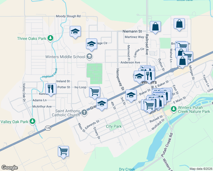 map of restaurants, bars, coffee shops, grocery stores, and more near 403 Plum Place in Winters