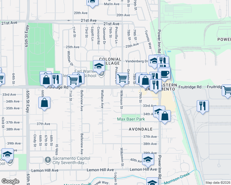 map of restaurants, bars, coffee shops, grocery stores, and more near 7600 Fruitridge Road in Sacramento