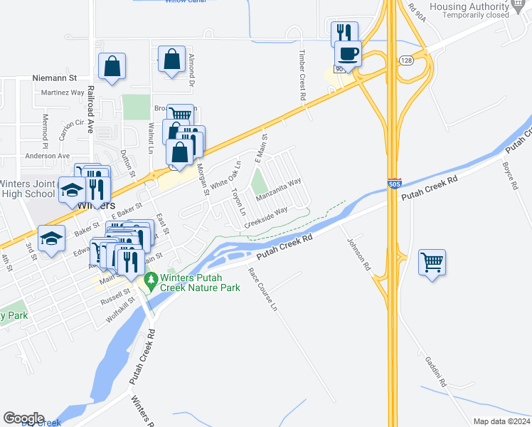 map of restaurants, bars, coffee shops, grocery stores, and more near 401 Creekside Way in Winters