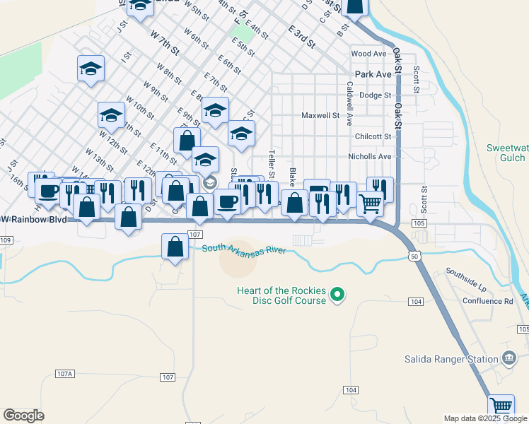 map of restaurants, bars, coffee shops, grocery stores, and more near 840 East Rainbow Boulevard in Salida