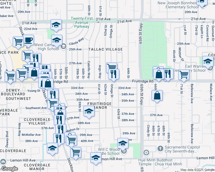 map of restaurants, bars, coffee shops, grocery stores, and more near 5641 62nd St in Sacramento