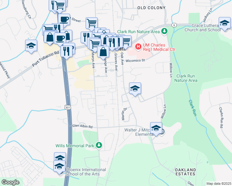 map of restaurants, bars, coffee shops, grocery stores, and more near 500 Edelen Station Place in La Plata