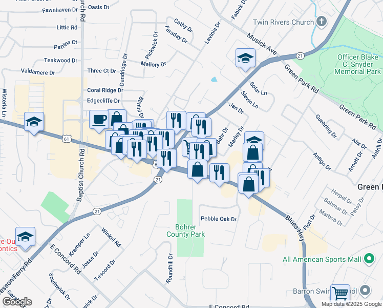 map of restaurants, bars, coffee shops, grocery stores, and more near 9968 Lin Ferry Drive in St. Louis
