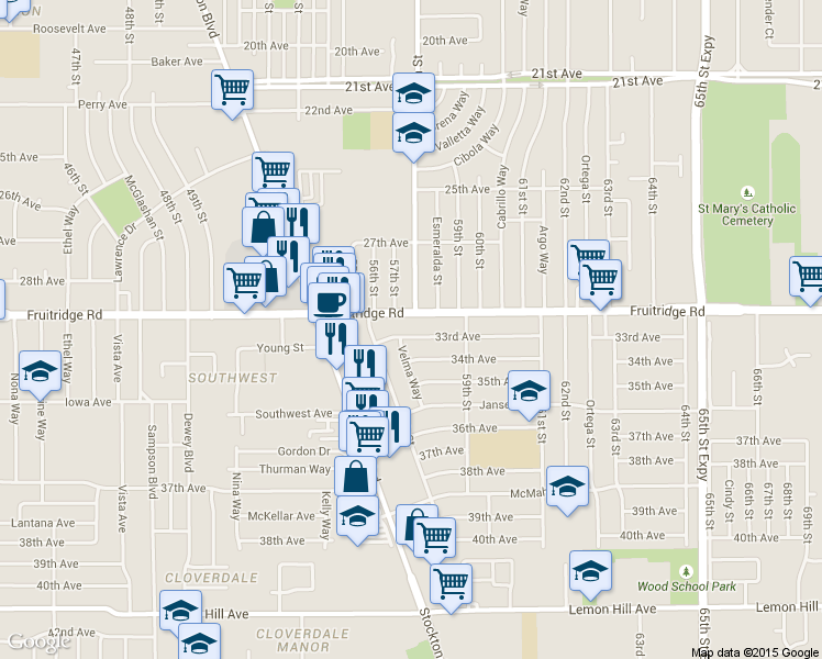 map of restaurants, bars, coffee shops, grocery stores, and more near 5545 33rd Avenue in Sacramento