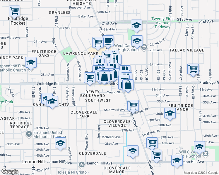 map of restaurants, bars, coffee shops, grocery stores, and more near 5280 Fruitridge Road in Sacramento