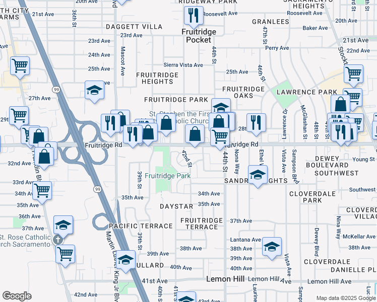 map of restaurants, bars, coffee shops, grocery stores, and more near 4228 Fruitridge Road in Sacramento