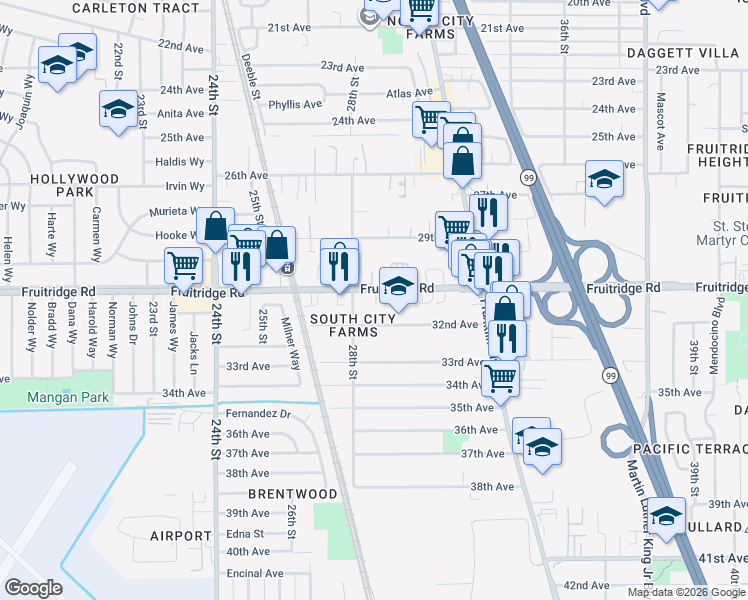 map of restaurants, bars, coffee shops, grocery stores, and more near 2840 Fruitridge Road in Sacramento