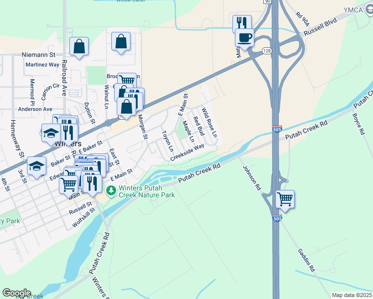 map of restaurants, bars, coffee shops, grocery stores, and more near 401 Creekside Way in Winters