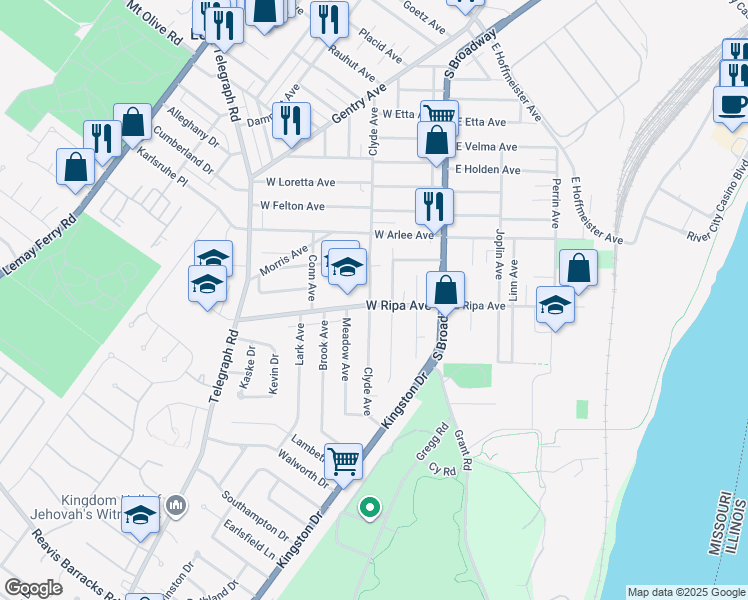 map of restaurants, bars, coffee shops, grocery stores, and more near 215 West Ripa Avenue in St. Louis