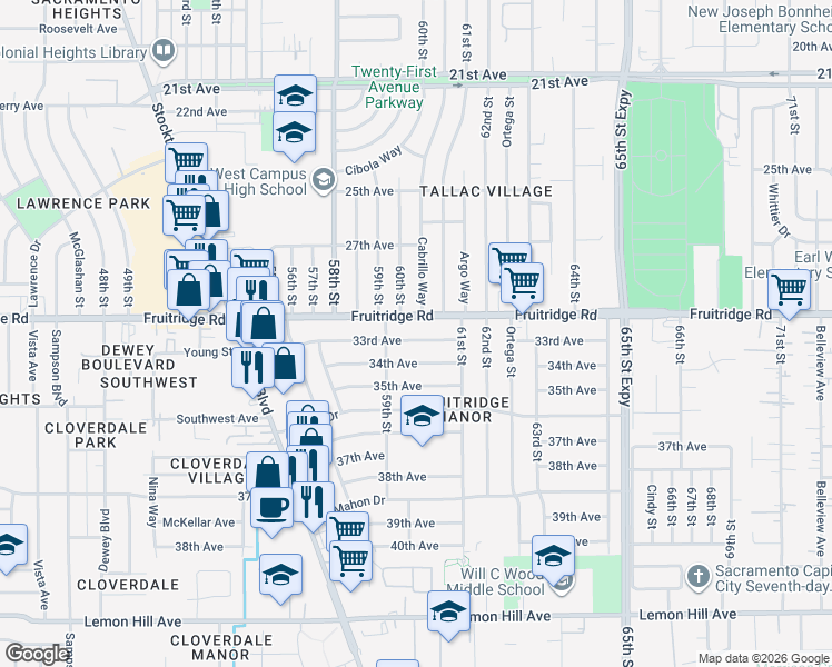 map of restaurants, bars, coffee shops, grocery stores, and more near 6025 33rd Avenue in Sacramento