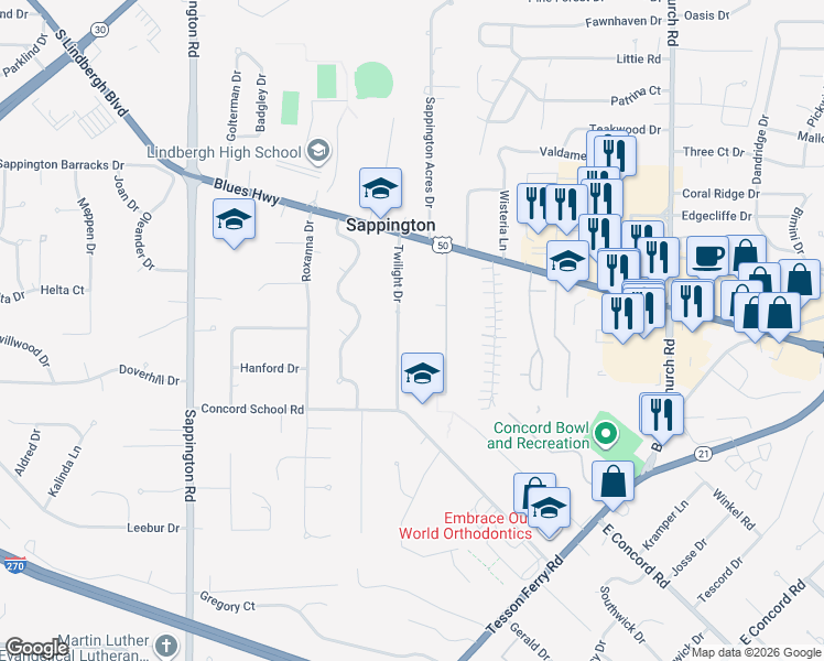 map of restaurants, bars, coffee shops, grocery stores, and more near 10608 Twilight Drive in Sappington