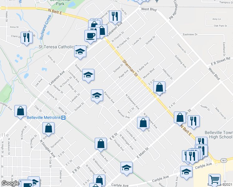 map of restaurants, bars, coffee shops, grocery stores, and more near 1708 East Belle Avenue in Belleville