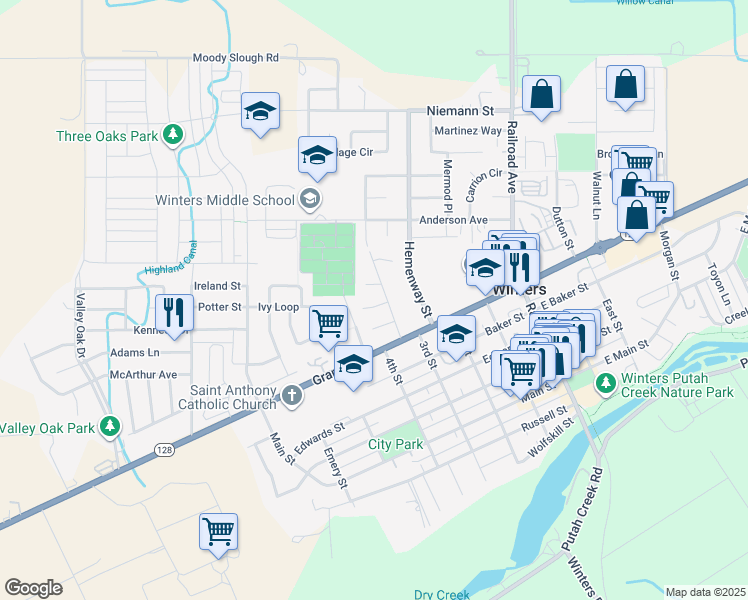 map of restaurants, bars, coffee shops, grocery stores, and more near 403 Plum Place in Winters