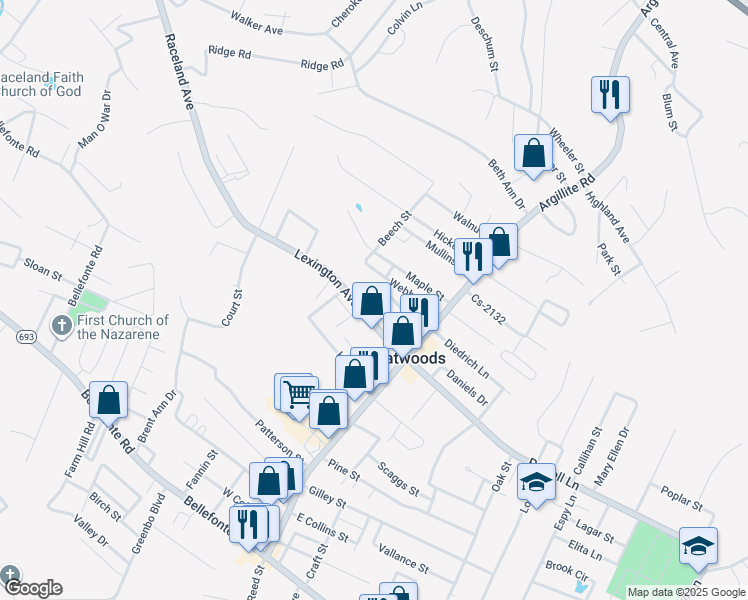 map of restaurants, bars, coffee shops, grocery stores, and more near Alton St in Flatwoods