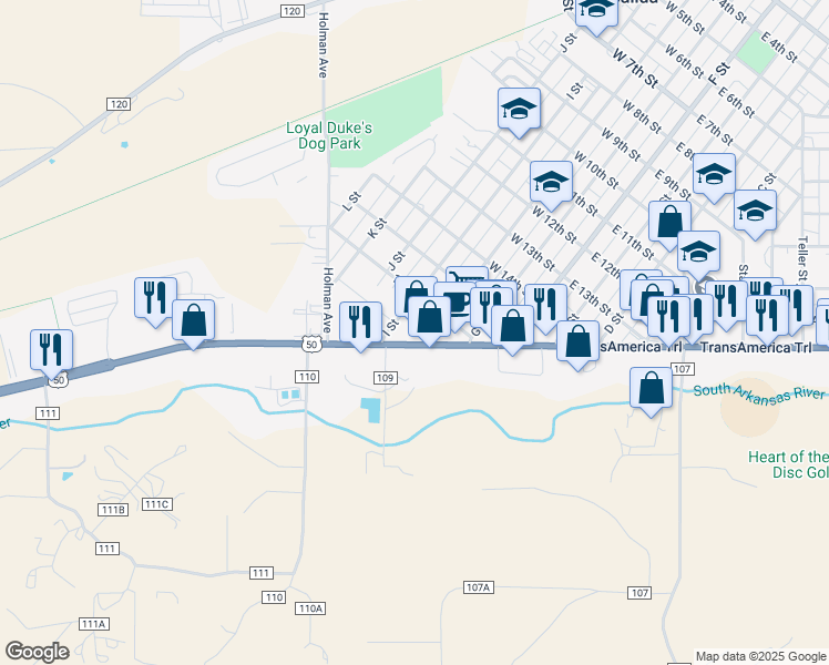 map of restaurants, bars, coffee shops, grocery stores, and more near 338 West Rainbow Boulevard in Salida