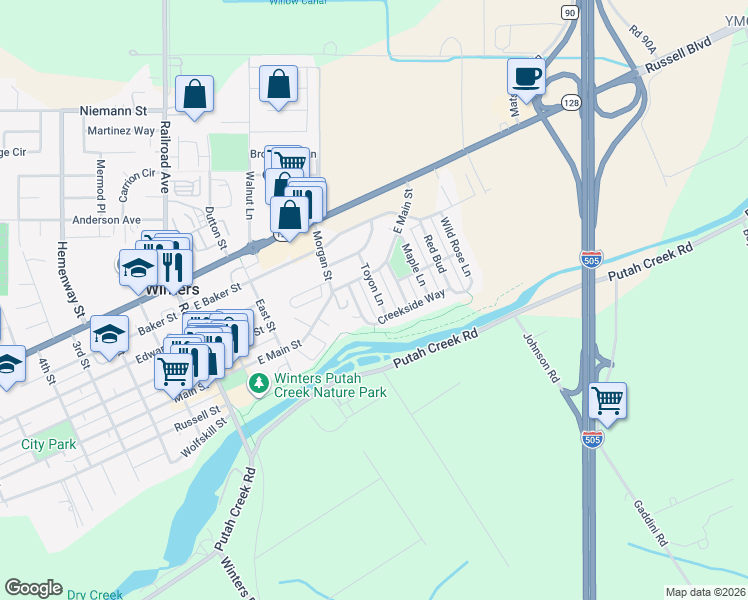 map of restaurants, bars, coffee shops, grocery stores, and more near 212 Toyon Lane in Winters