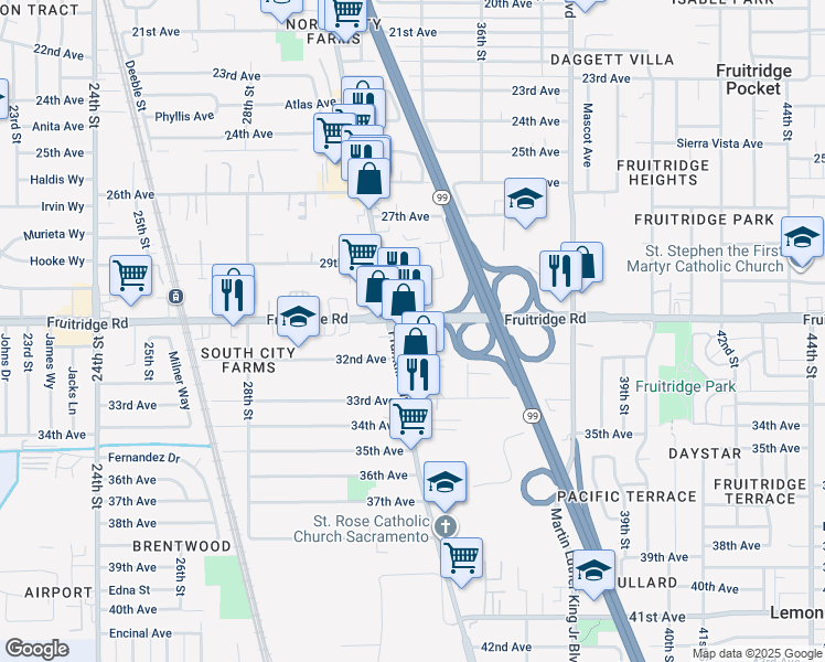 map of restaurants, bars, coffee shops, grocery stores, and more near 5601 Franklin Boulevard in Sacramento