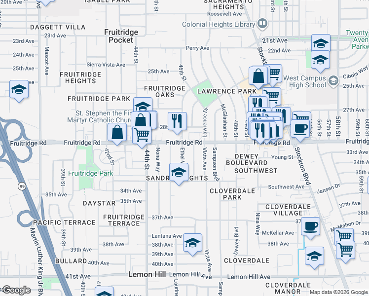 map of restaurants, bars, coffee shops, grocery stores, and more near 5605 Ethel Way in Sacramento