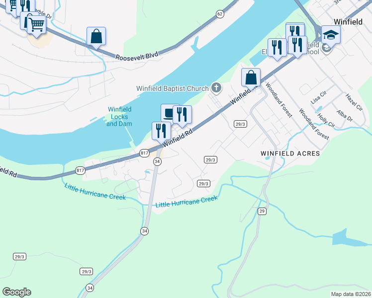 map of restaurants, bars, coffee shops, grocery stores, and more near 130 Long Street in Winfield