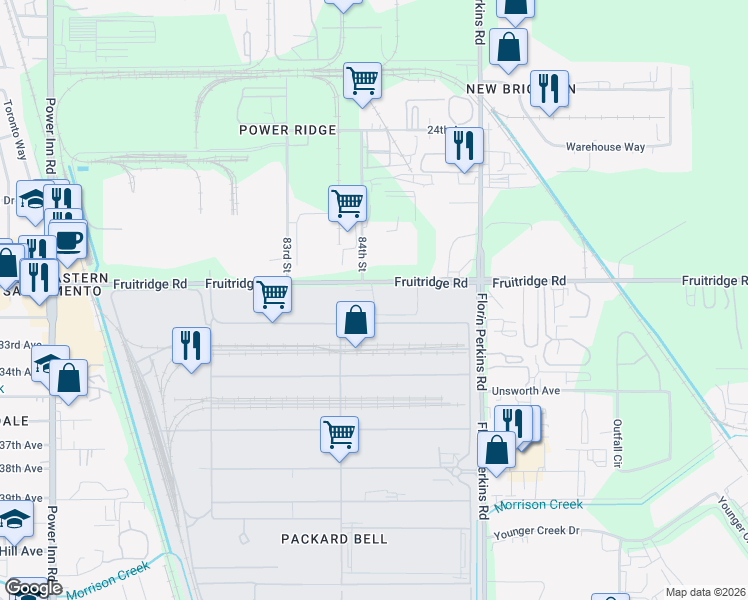 map of restaurants, bars, coffee shops, grocery stores, and more near Business Park Way in Sacramento