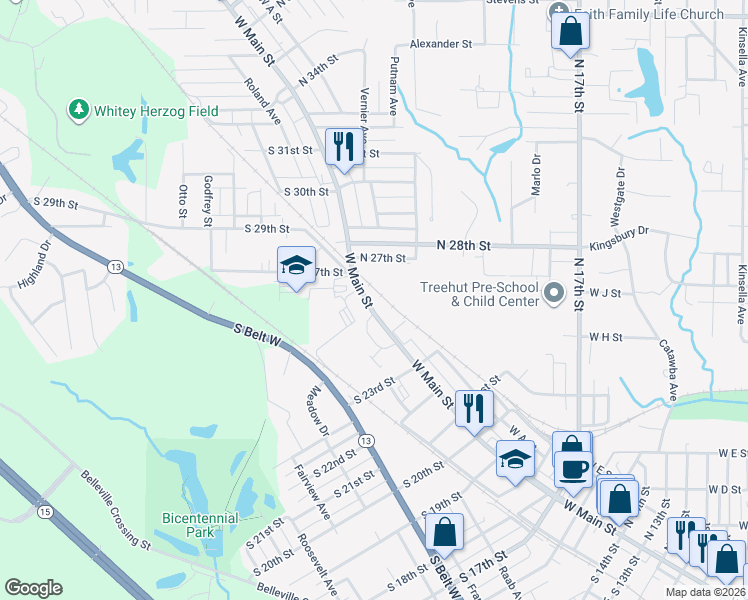 map of restaurants, bars, coffee shops, grocery stores, and more near 2615 West Main Street in Belleville