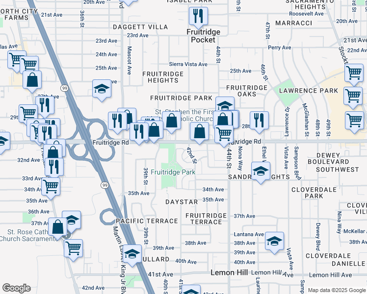 map of restaurants, bars, coffee shops, grocery stores, and more near 5681 79th St in Sacramento