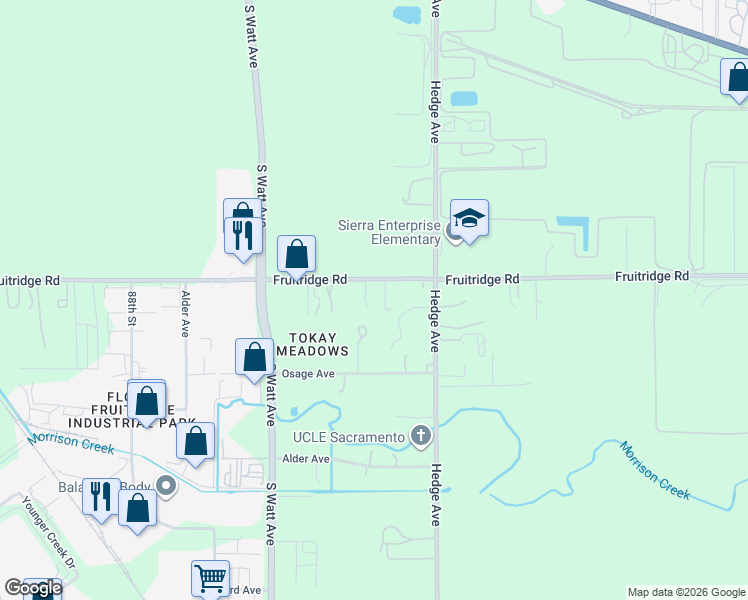 map of restaurants, bars, coffee shops, grocery stores, and more near 9040 Fruitridge Road in Sacramento