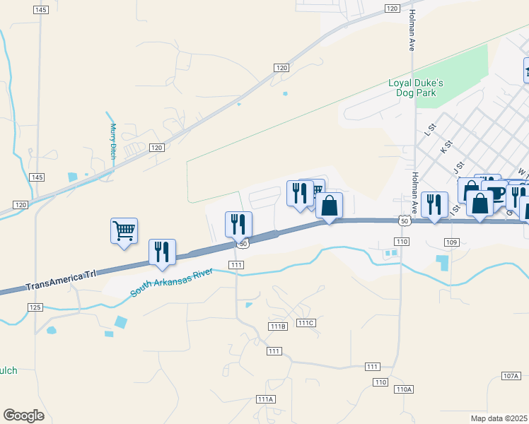 map of restaurants, bars, coffee shops, grocery stores, and more near 105 Starbuck Circle in Salida