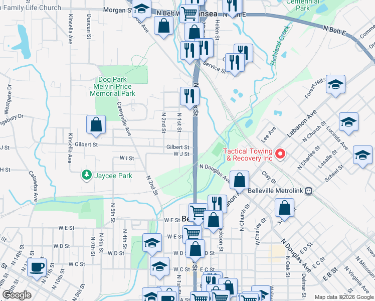 map of restaurants, bars, coffee shops, grocery stores, and more near 15 West J Street in Belleville