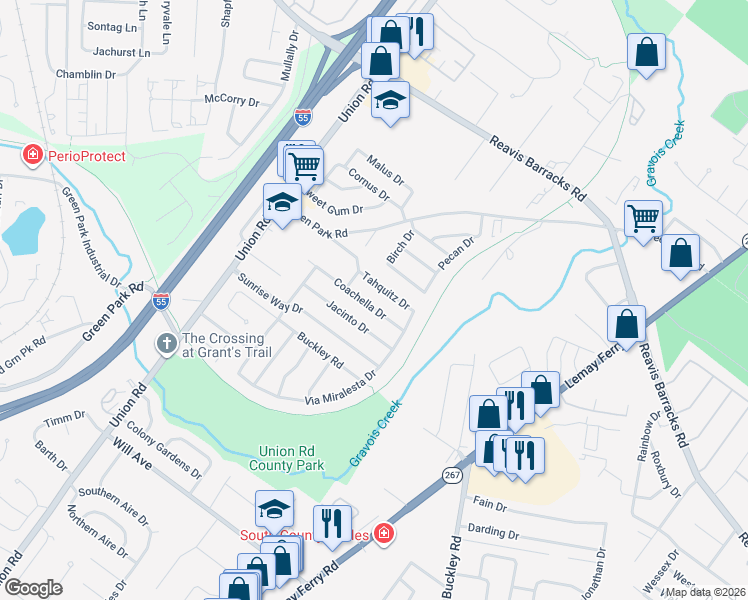 map of restaurants, bars, coffee shops, grocery stores, and more near 3843 Coachella Drive in St. Louis