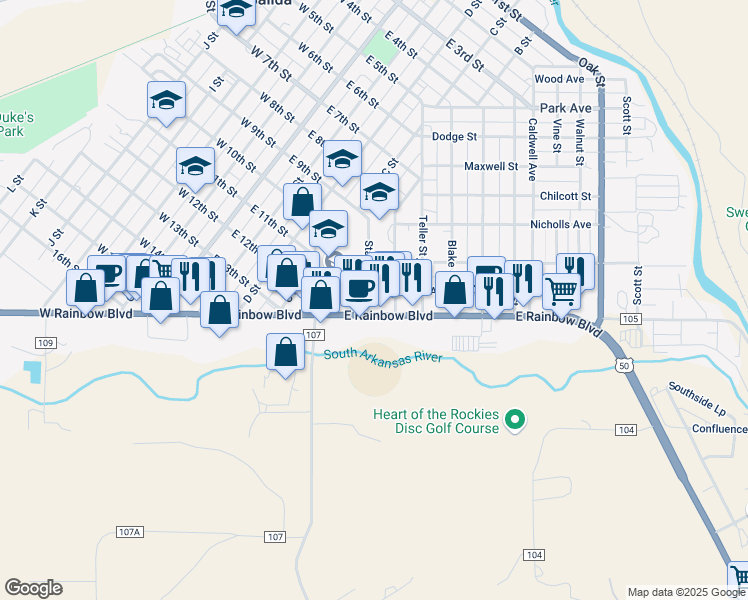 map of restaurants, bars, coffee shops, grocery stores, and more near 720 U.S. 50 in Salida