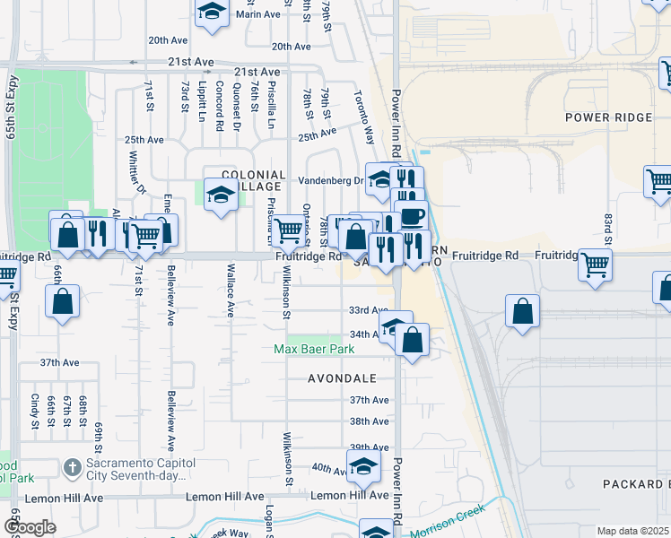 map of restaurants, bars, coffee shops, grocery stores, and more near 5631 79th Street in Sacramento