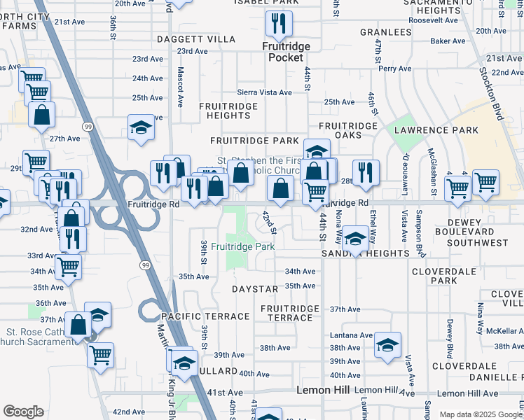 map of restaurants, bars, coffee shops, grocery stores, and more near 5681 79th St in Sacramento