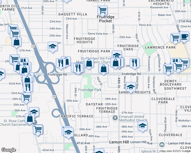 map of restaurants, bars, coffee shops, grocery stores, and more near 5681 79th St in Sacramento