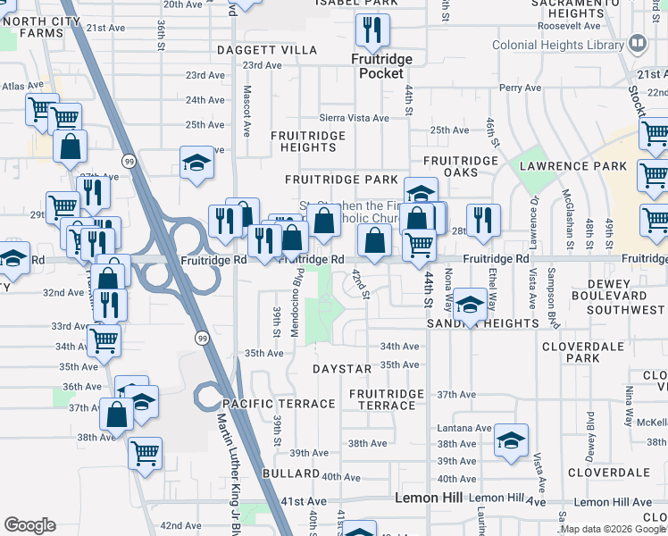 map of restaurants, bars, coffee shops, grocery stores, and more near 5681 79th St in Sacramento