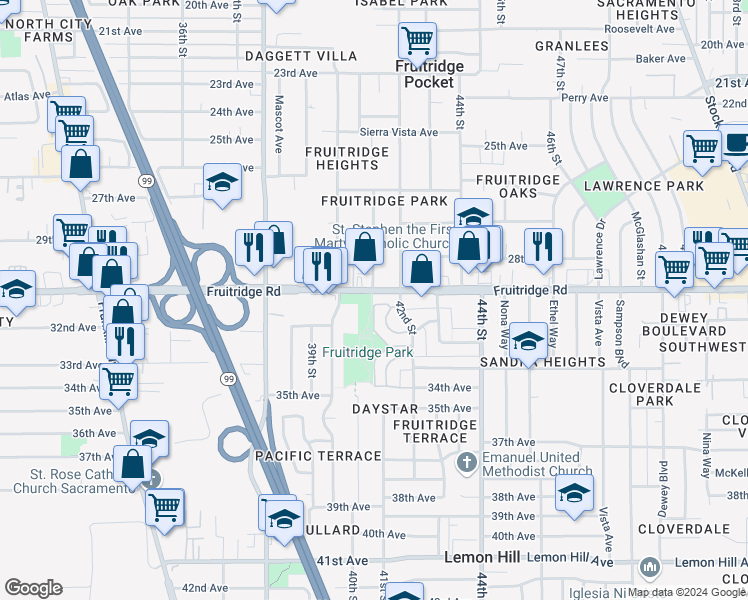 map of restaurants, bars, coffee shops, grocery stores, and more near 5681 79th St in Sacramento