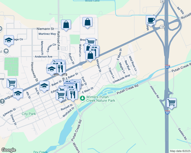 map of restaurants, bars, coffee shops, grocery stores, and more near 400 Morgan Street in Winters