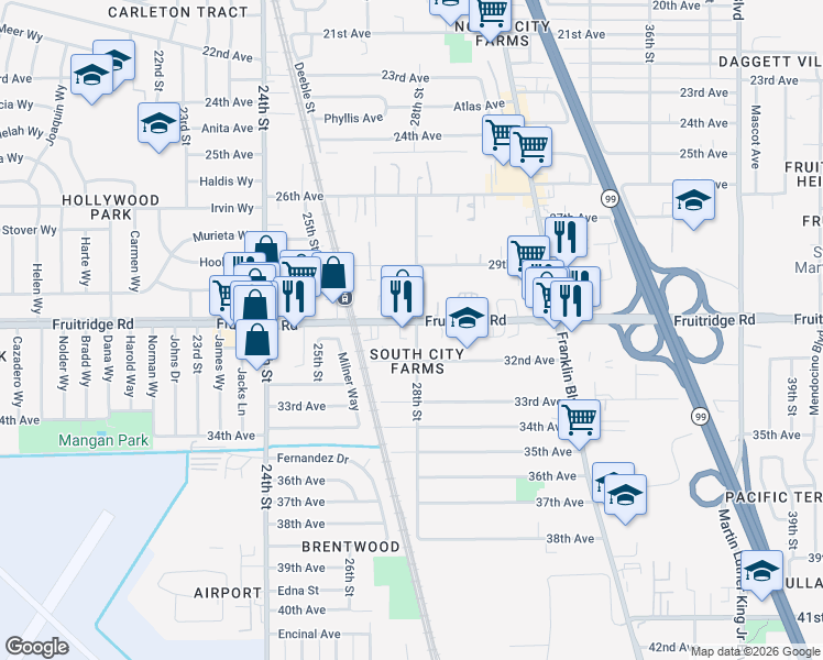 map of restaurants, bars, coffee shops, grocery stores, and more near 2790 Fruitridge Road in Sacramento