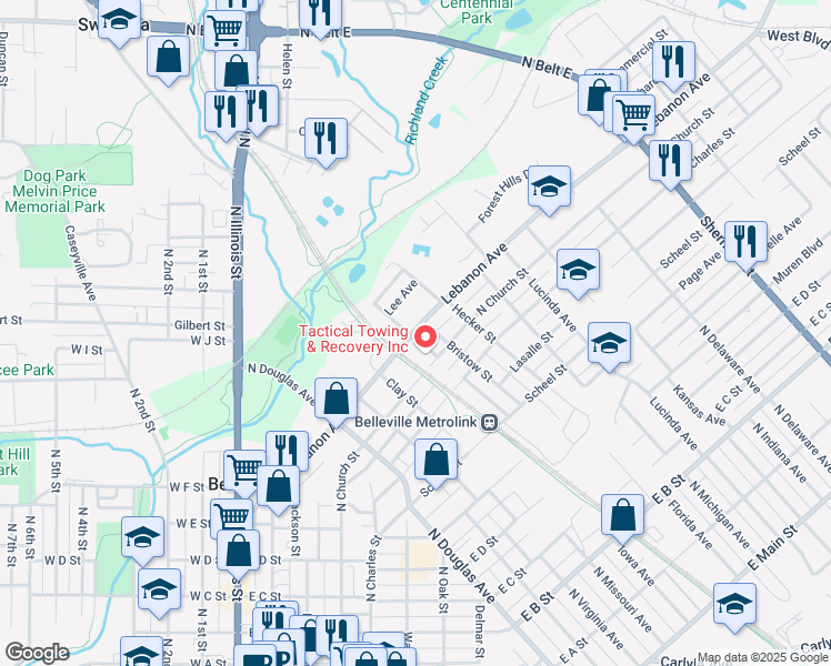 map of restaurants, bars, coffee shops, grocery stores, and more near 618 Lebanon Avenue in Belleville