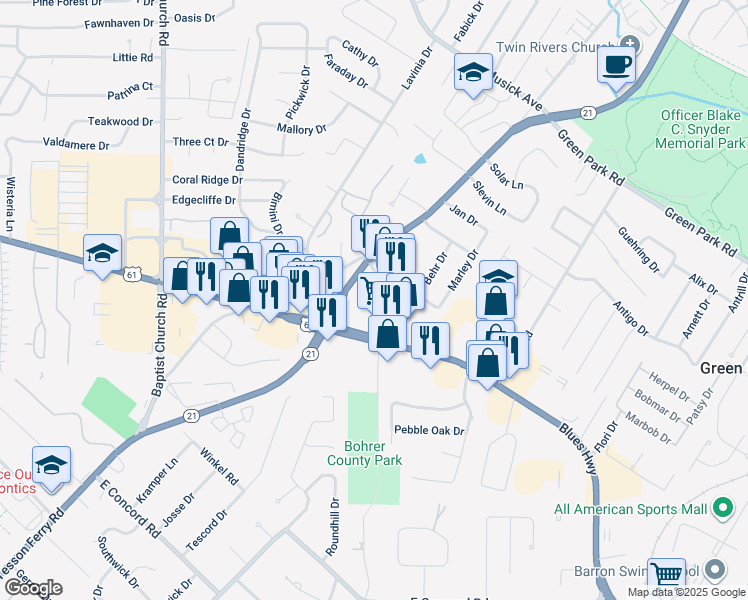 map of restaurants, bars, coffee shops, grocery stores, and more near 9968 Lin Ferry Drive in St. Louis