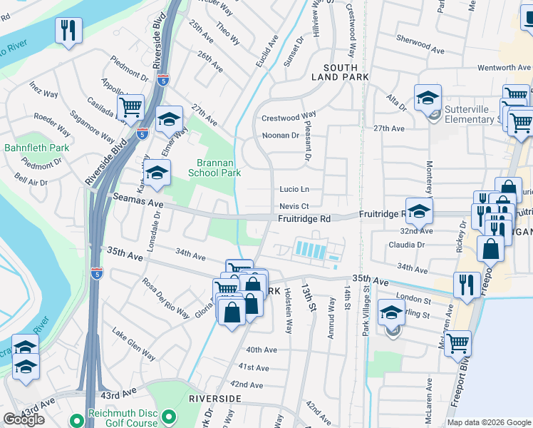 map of restaurants, bars, coffee shops, grocery stores, and more near 1216 Nevis Court in Sacramento
