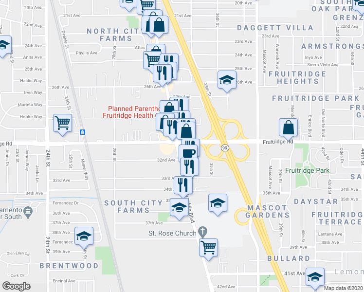map of restaurants, bars, coffee shops, grocery stores, and more near 5601 Franklin Boulevard in Sacramento