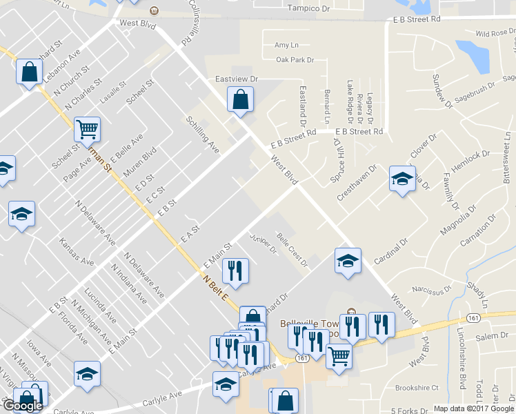 map of restaurants, bars, coffee shops, grocery stores, and more near 2603 East Main Street in Belleville