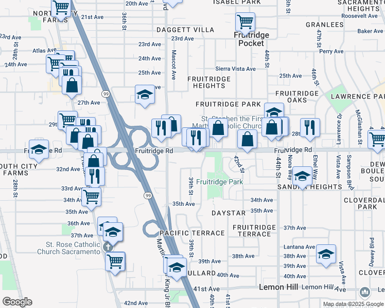 map of restaurants, bars, coffee shops, grocery stores, and more near 3912 Fruitridge Road in Sacramento