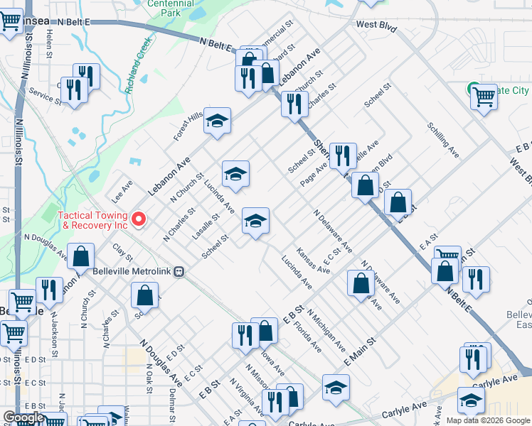 map of restaurants, bars, coffee shops, grocery stores, and more near 1400 North Charles Street in Belleville