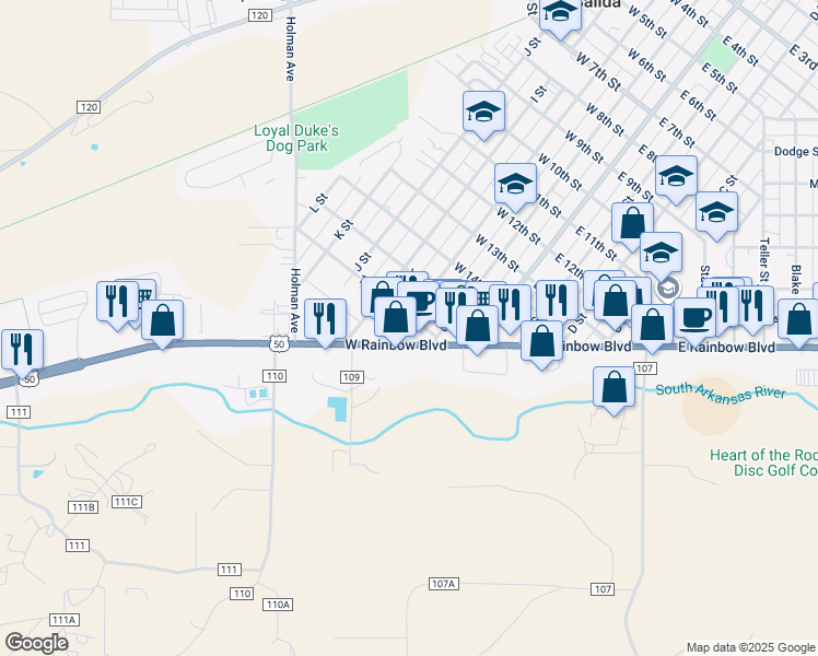 map of restaurants, bars, coffee shops, grocery stores, and more near 248 West Rainbow Boulevard in Salida